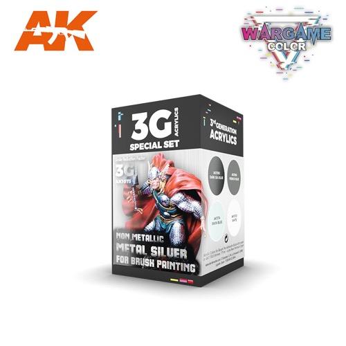 AK Interactive AK1073 Wargame Color Non Metallical Metal Silver with Brush Acrylic Paint Set (3rd Generation)