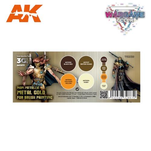 AK Interactive AK1077 Wargame Color Non Metallical Metal Gold with Brush Acrylic Paint Set (3rd Generation) - Image 2