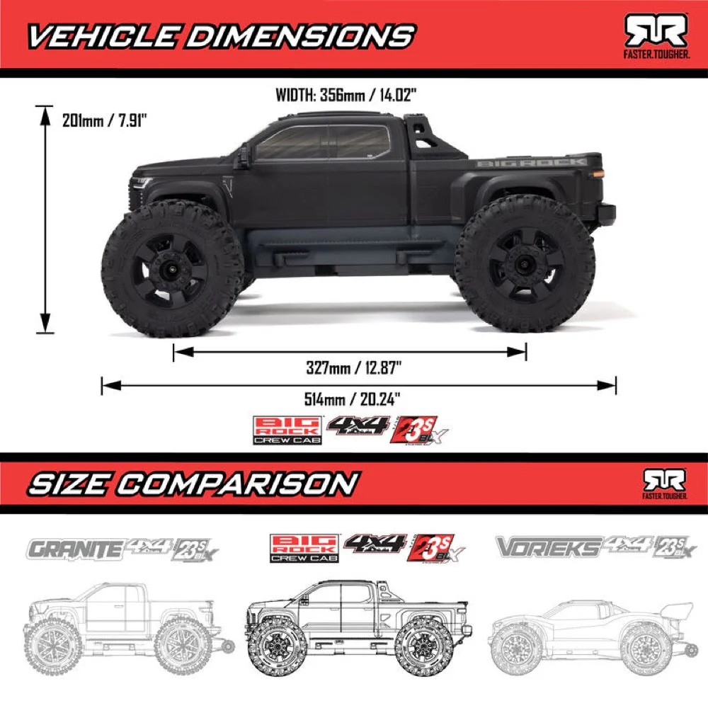 Arrma Big Rock Crew Cab V4 4X4 223S BLX RC Monster Truck (Black) ARA4312V4T1 - Image 24