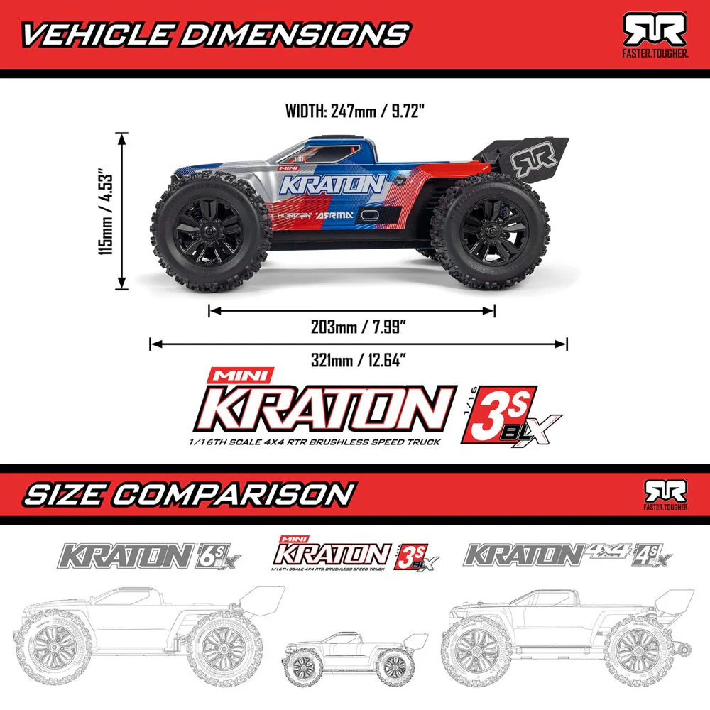 Arrma Mini Kraton 3S BLX 4X4 1/16 Speed Monster Truck (Red/Blue) ARA2508ST1 - Image 25