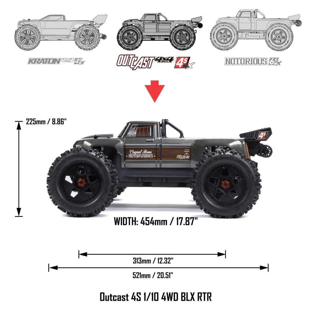 Arrma Outcast V2 4X4 BLX 4S RC Stunt Truck Red ARA4410V2T4 - Image 25