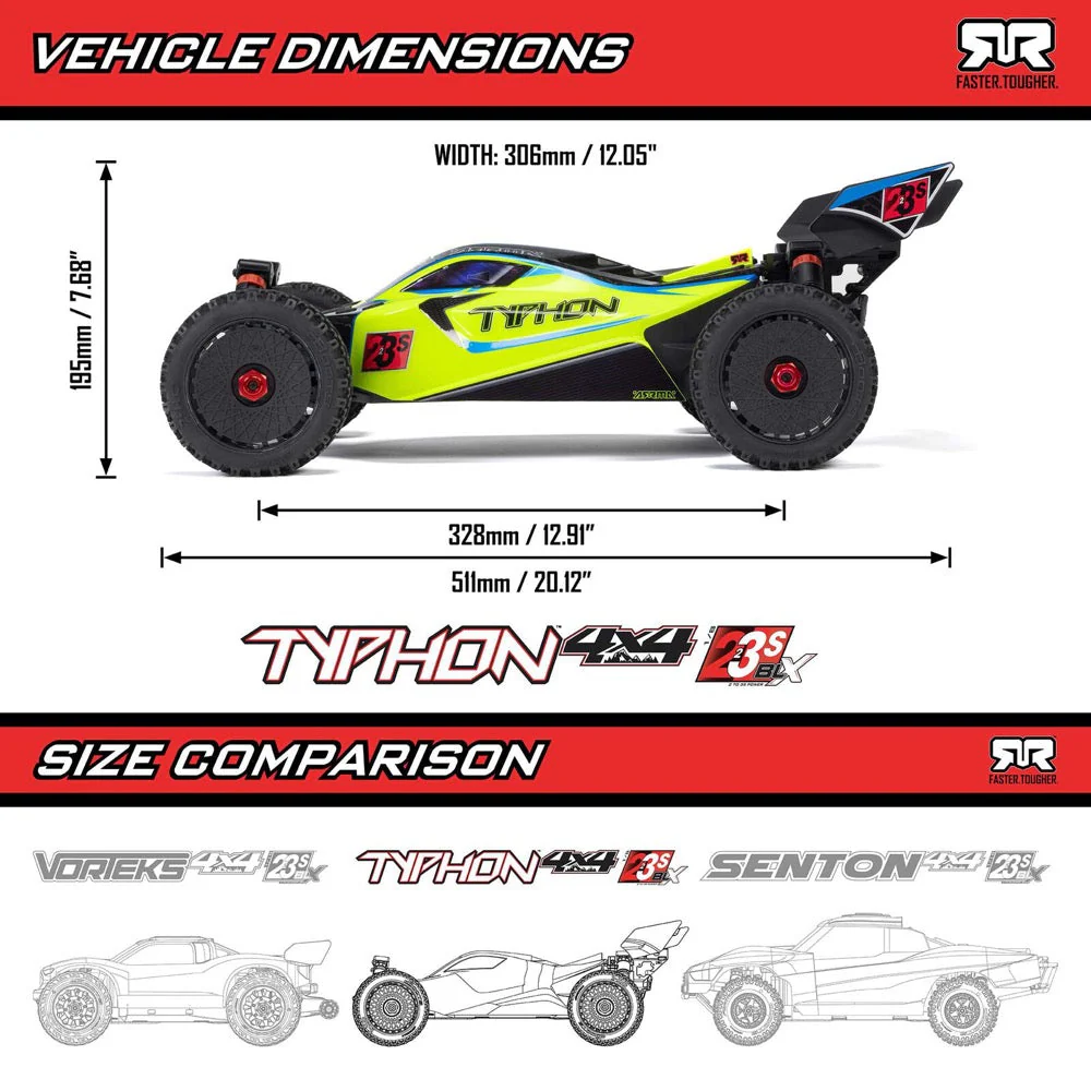 Arrma Typhon 223S DSC 4X4 BLX 1/8 RC Buggy RTR Blue/Yellow ARA4306V4T4 - Image 16