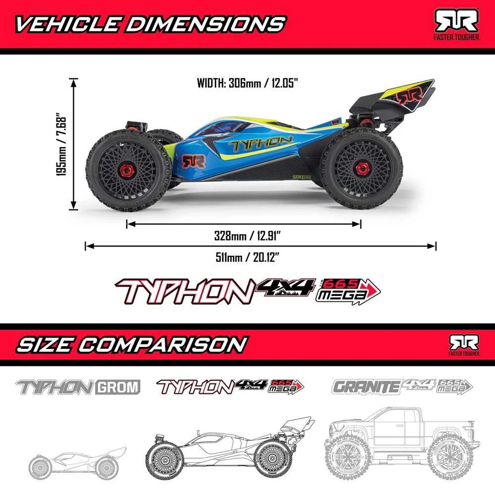 Arrma Typhon MEGA 665 4X4 1/8 Brushed RC Buggy (Blue) ARA4206V4T1 - Image 29