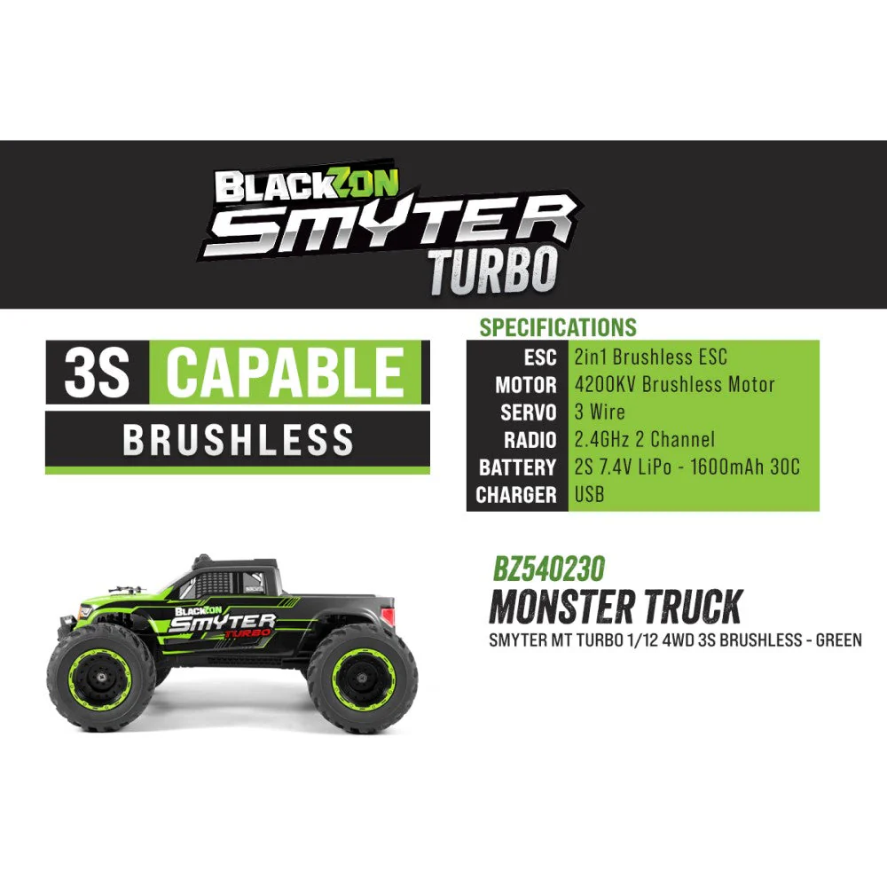 BlackZon Smyter Turbo MT 1/12 4WD 3S Brushless Monster Truck Green BZ540230 - Image 6