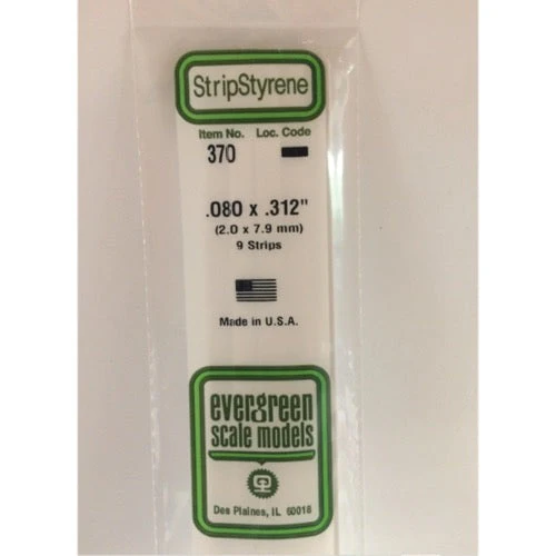 Evergreen 370 White PolyStyrene Strip 0.080 x 0.312 x 24in / 2mm x 7.9mm x 61cm - 9
