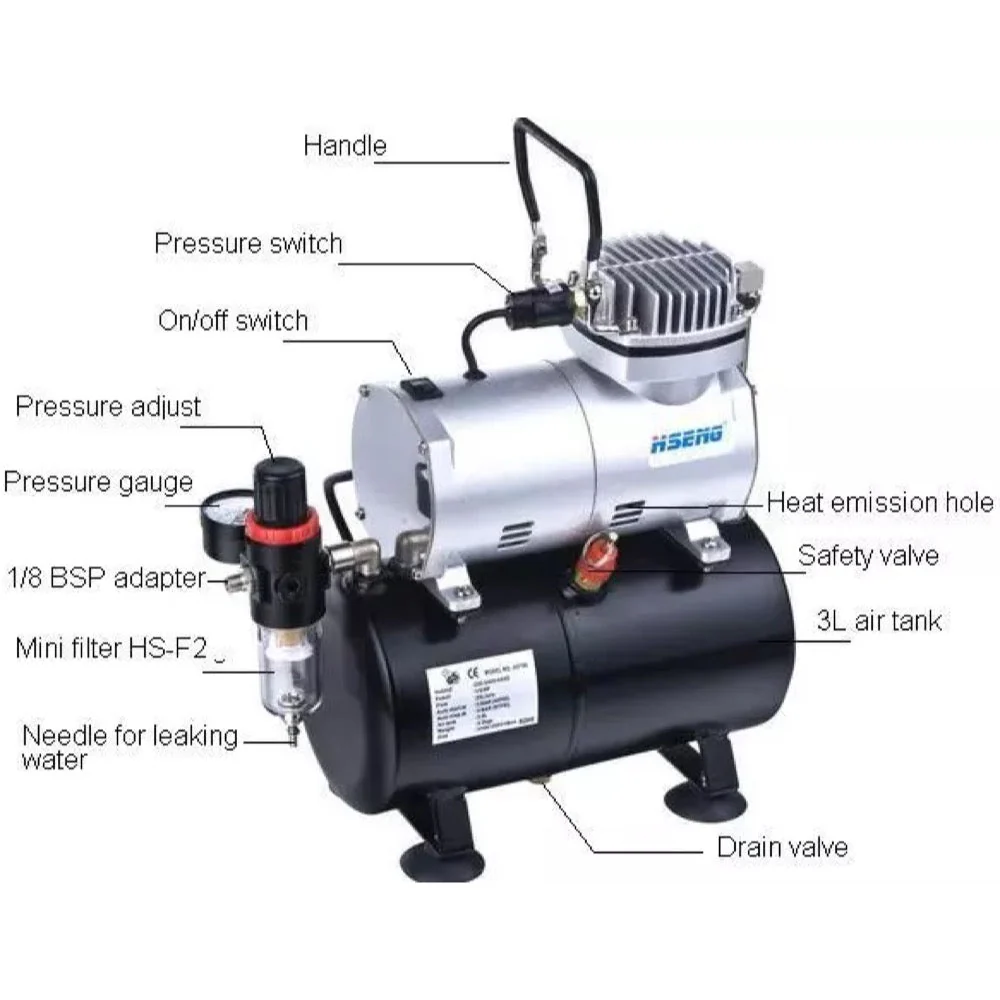 Hseng HS-AS186K Airbrush Compressor with Holding Tank Includes Hose and HS-80 Airbrush - Image 2