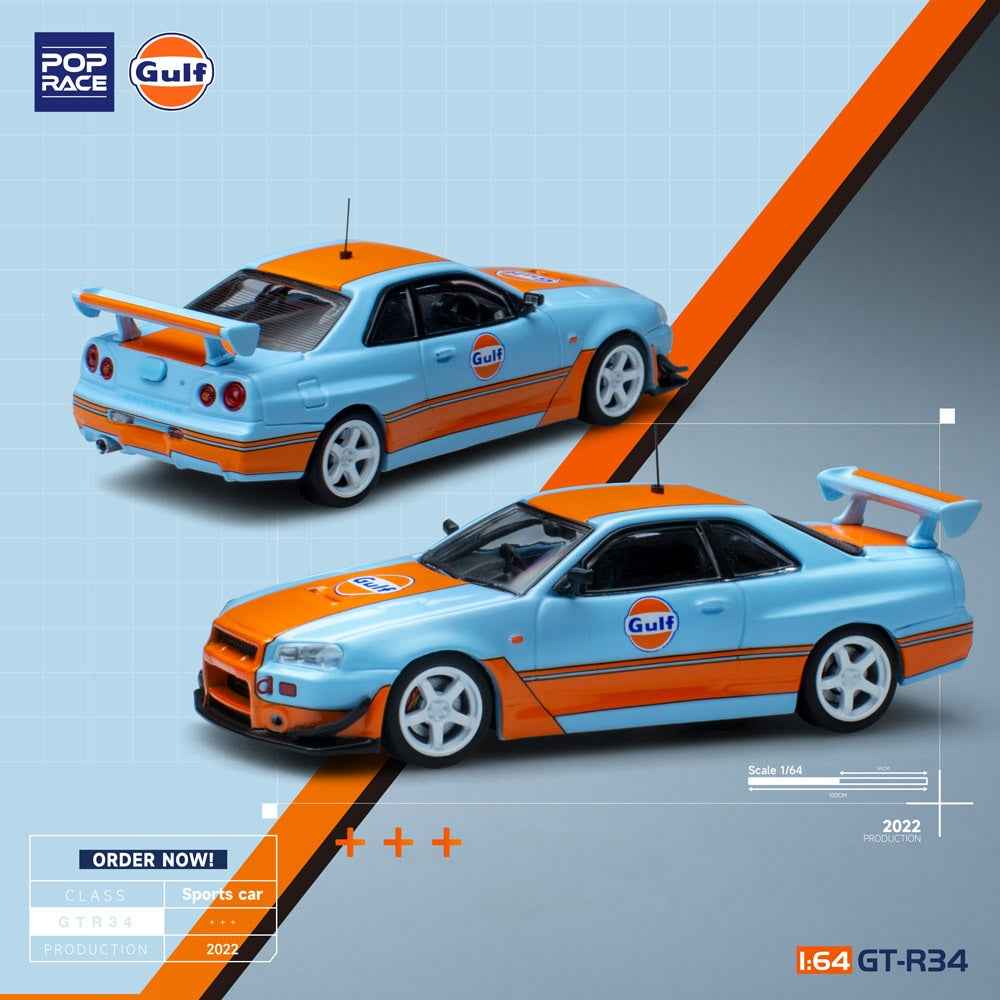Pop Race 64-NR34-GULF 1/64 Nissan Skyline GTR R34 Gulf Oil Livery - Image 3