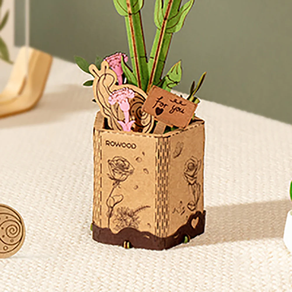 Robotime Wood Bloom Pink Carnation Flower - Image 3