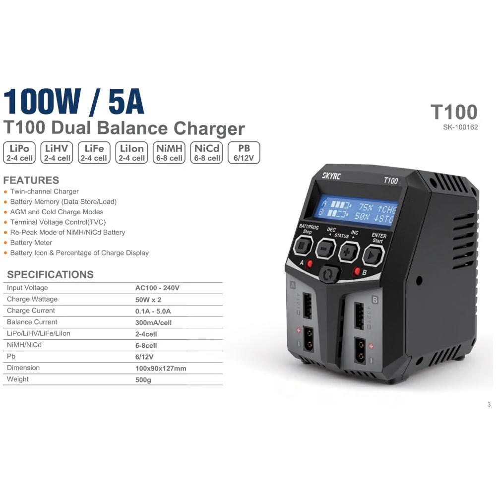 Sky RC T100 AC 5A Dual Output Multi Chemistry Balance Charger - Image 5