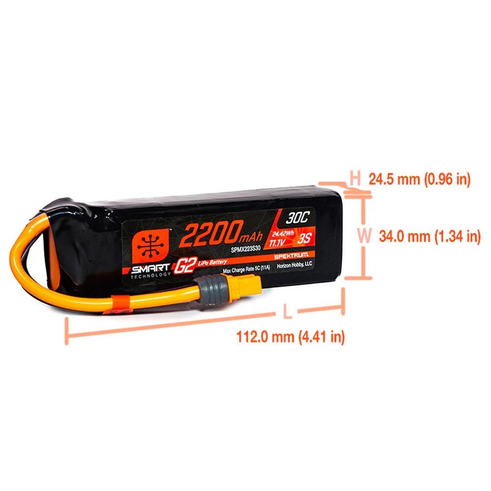 Spektrum SPMX223S30 2200mAh 3S 11.1V 30c Smart G2 LiPo Battery with IC3 Connector - Image 2