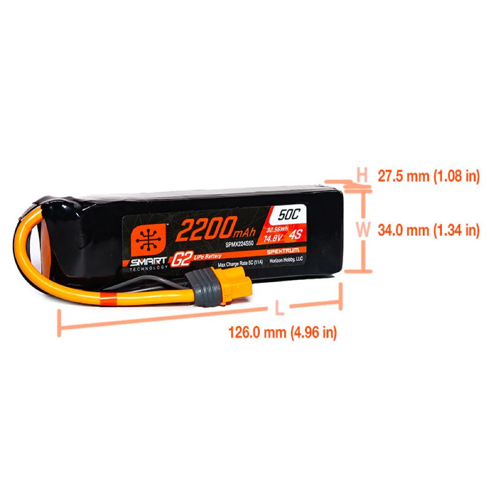 Spektrum SPMX224S50 2200mAh 4S 14.8V 50c Smart G2 LiPo Battery with IC3 Connector - Image 3