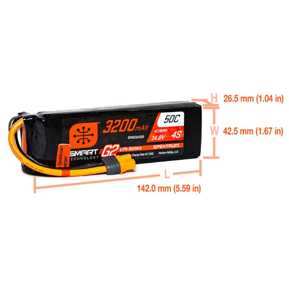Spektrum SPMX324S50 3200mAh 4S 14.8V 50c Smart G2 LiPo Battery with IC3 Connector - Image 3