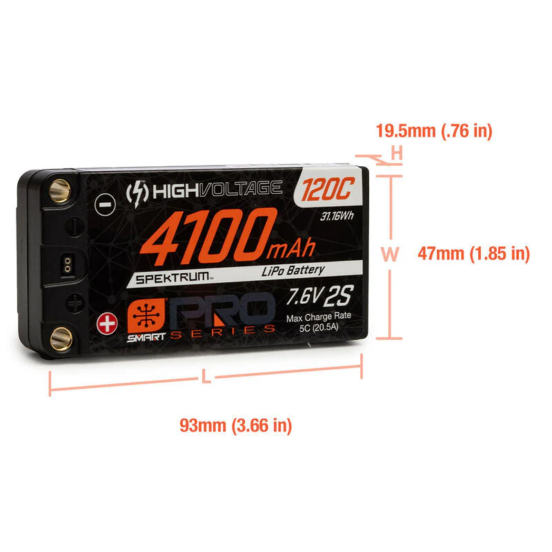 Spektrum SPMX412S120HT 4100mAh 2S 7.6V 120c Smart Pro Race HV LiPo Battery with 5mm Bullets - Image 3