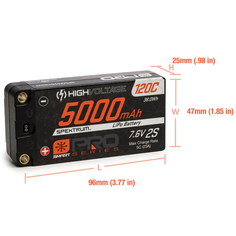 Spektrum SPMX52S120HT 5000mAh 2S 7.6V 120c Smart Pro Race HV LiPo with 5mm Bullets - Image 3