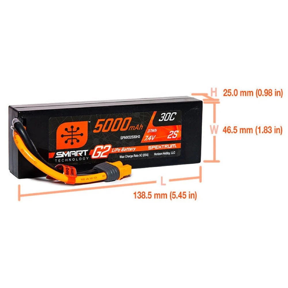 Spektrum SPMX52S30H3 5000mAh 2S 7.4V 30c Smart G2 Hard Case LiPo Battery with IC3 Connector - Image 2