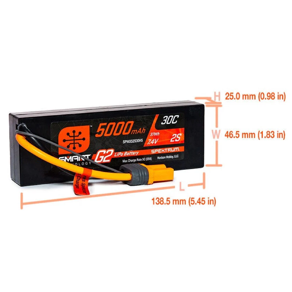Spektrum SPMX52S30H5 5000mAh 2S 7.4V 30c Smart G2 Hard Case LiPo Battery with IC5 Connector - Image 2