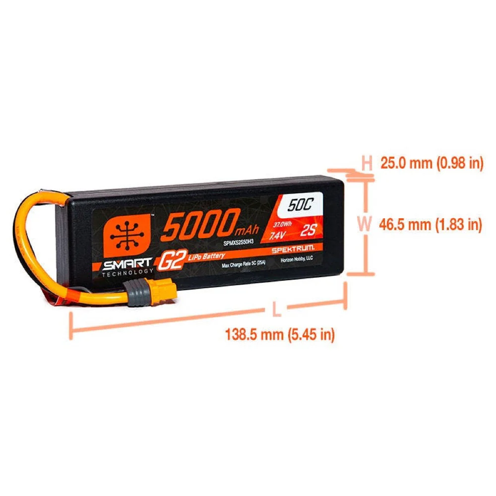 Spektrum SPMX52S50H3 5000mAh 2S 7.4V 50c Smart G2 Hard Case LiPo Battery with IC3 Connector - Image 2