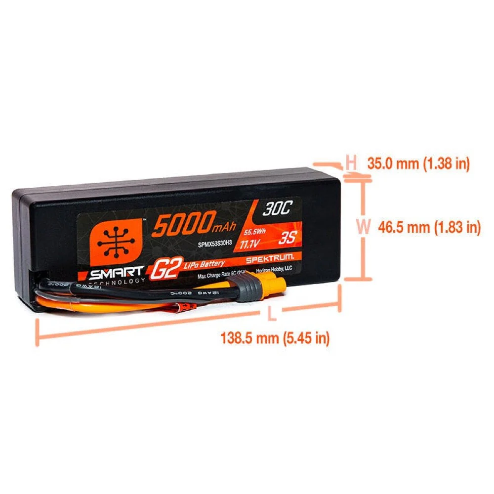 Spektrum SPMX53S30H3 5000mAh 3S 11.1V 30c Smart G2 Hard Case LiPo Battery with IC3 Connector - Image 2