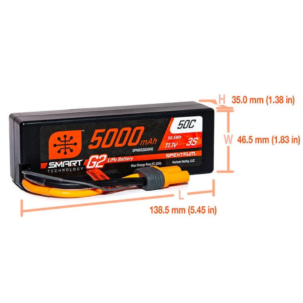Spektrum SPMX53S50H5 5000mAh 3S 11.1V 50c Smart G2 Hard Case LiPo Battery with IC5 Connector - Image 2
