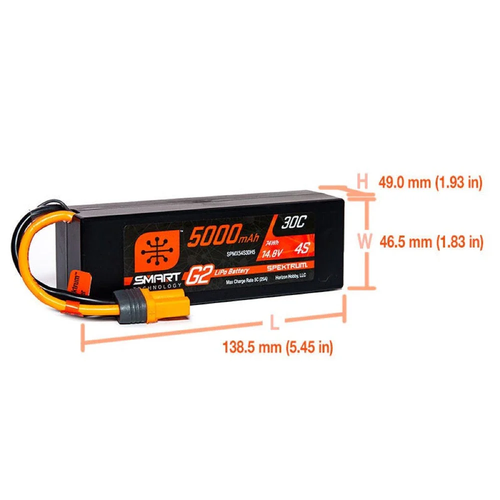 Spektrum SPMX54S30H5 5000mAh 4S 14.8V 30c Smart G2 Hard Case LiPo Battery with IC5 Connector - Image 2