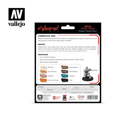 Vallejo 72309 Game Color Cyberpunk Solo 8 Color Acrylic Paint Set with Jonathan Warlock Powers Miniature - Image 2