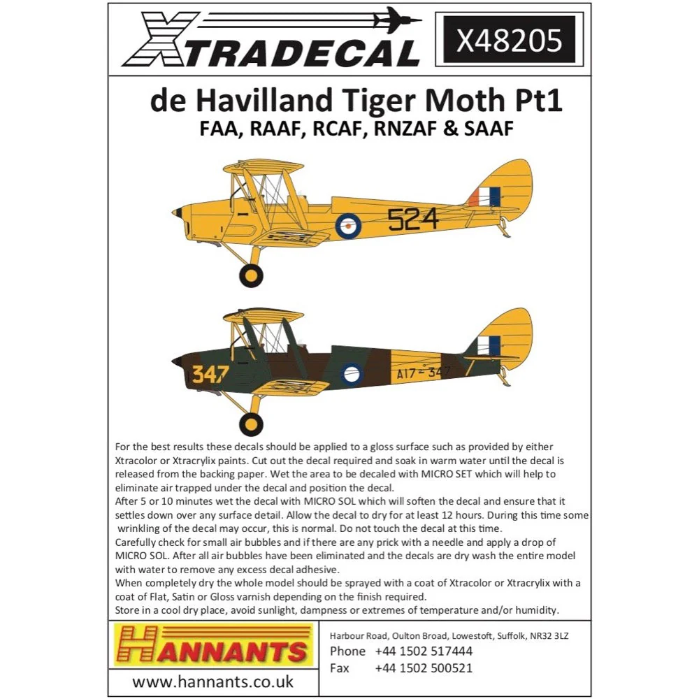 Xtradecal 48205 1/48 de Havilland DH.82a Tiger Moth Pt1 FAA RAAF RCAF RNZAF & SAAF