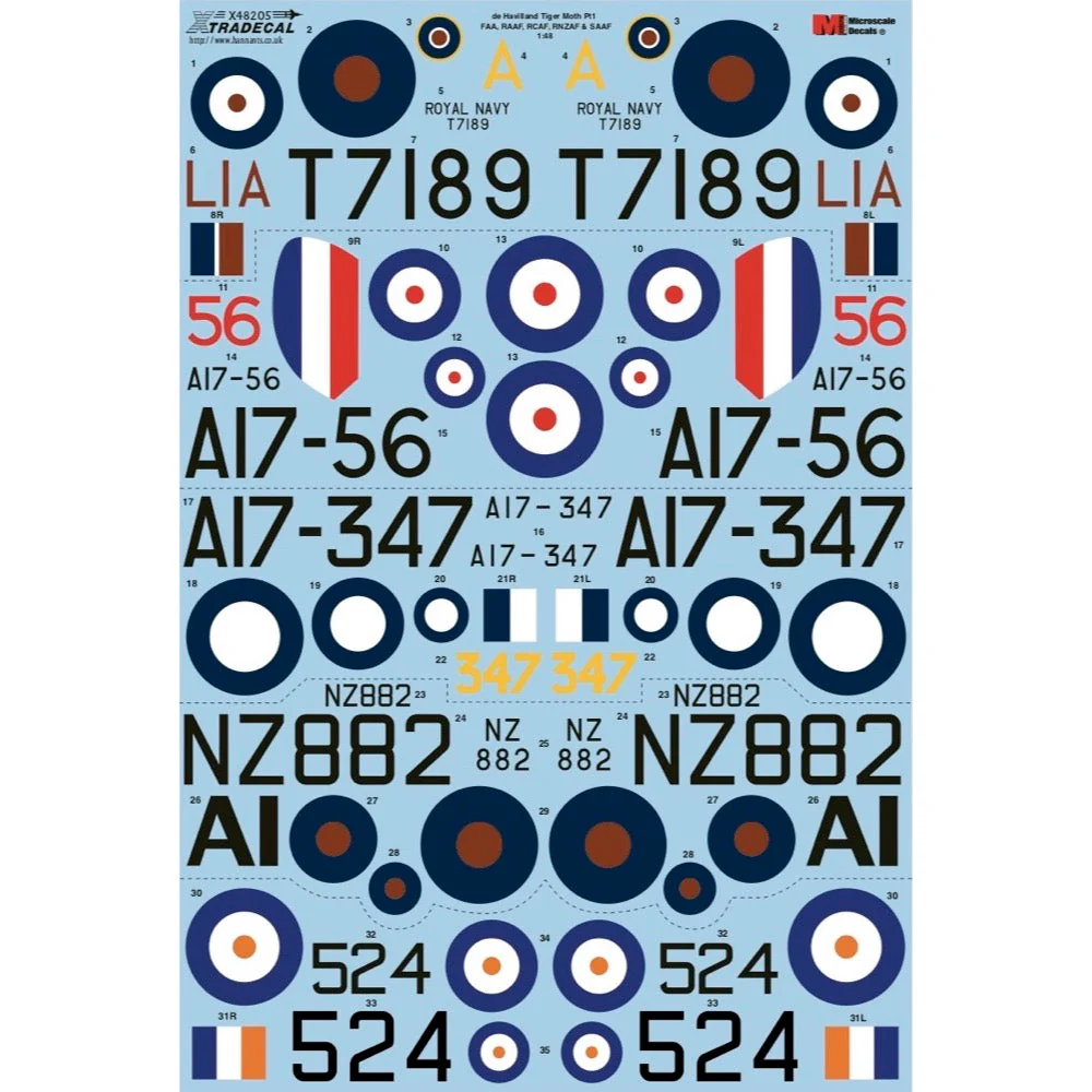 Xtradecal 48205 1/48 de Havilland DH.82a Tiger Moth Pt1 FAA RAAF RCAF RNZAF & SAAF - Image 4